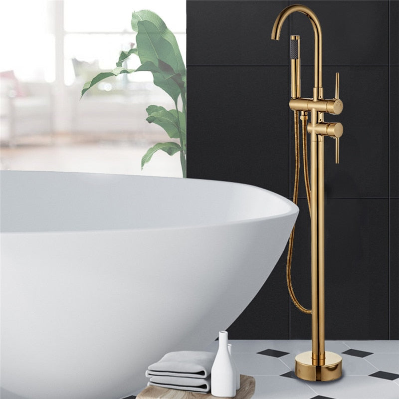 freestanding floor mounted contemporary gooseneck tub filler in brushed gold for free standing bathtubs