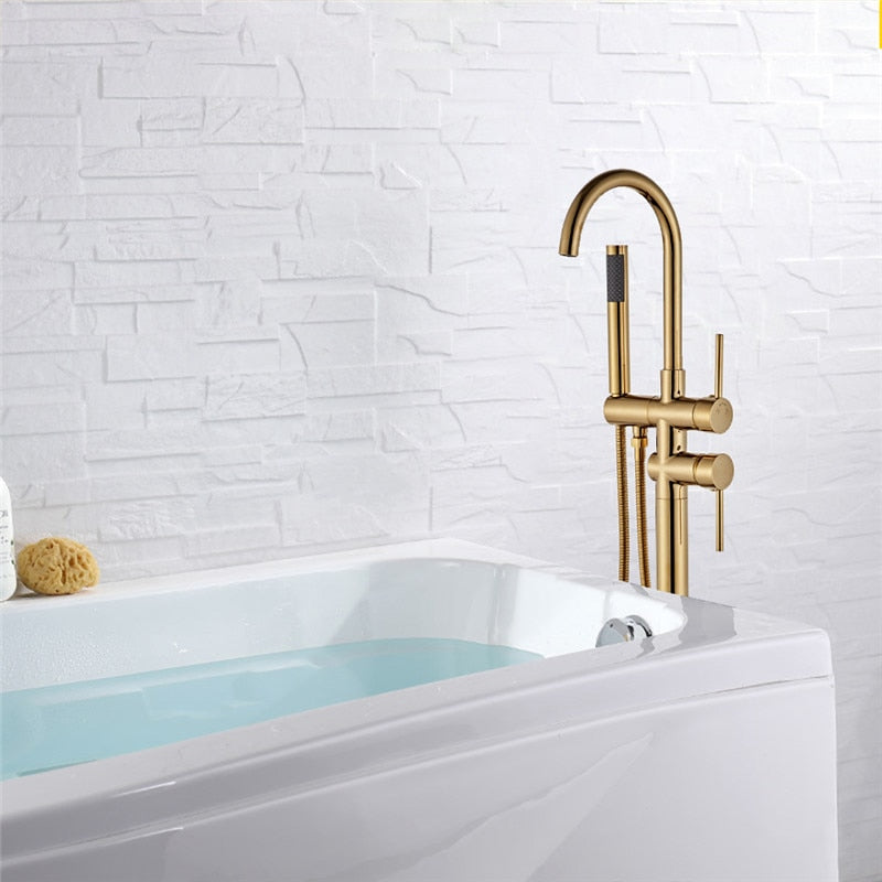 Brushed Gold freestanding floor mounted contemporary gooseneck tub filler for free standing bathtubs