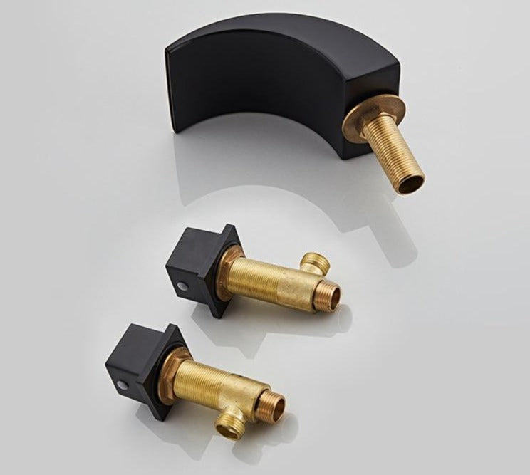 Details of Contemporary Black bathroom faucet three hole deck mounted