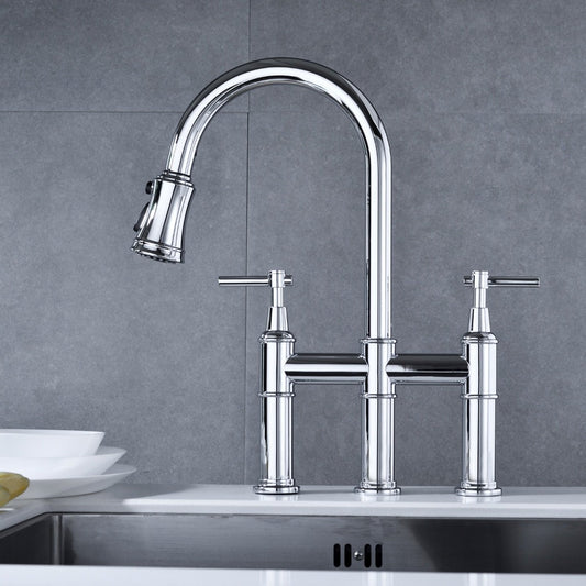 Contemporary Bridge kitchen faucet with pull down sprayer in polished chrome