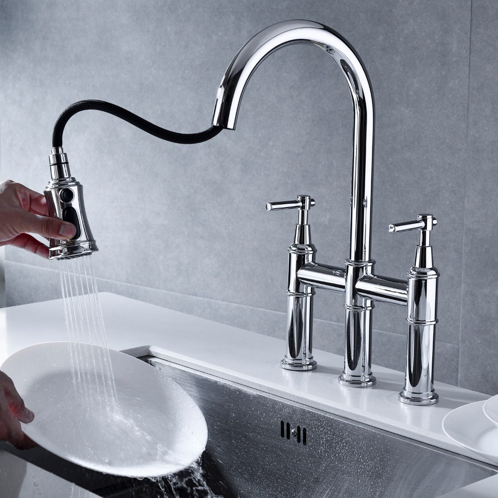 Contemporary three hole deck mounted Bridge kitchen faucet with pull down sprayer in polished chrome