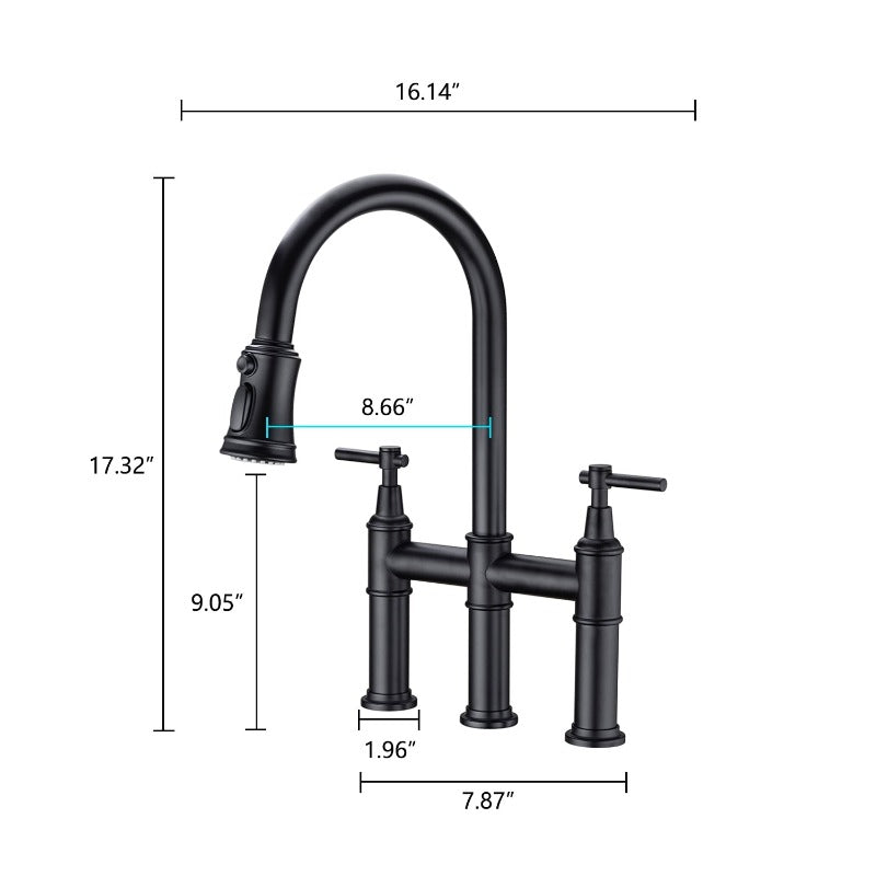 Dimensions of Contemporary three hole deck mounted Bridge kitchen faucet with pull down sprayer in black