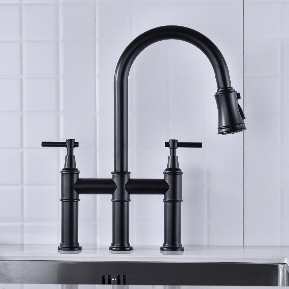 Contemporary three hole deck mounted Bridge kitchen faucet with pull down sprayer in black