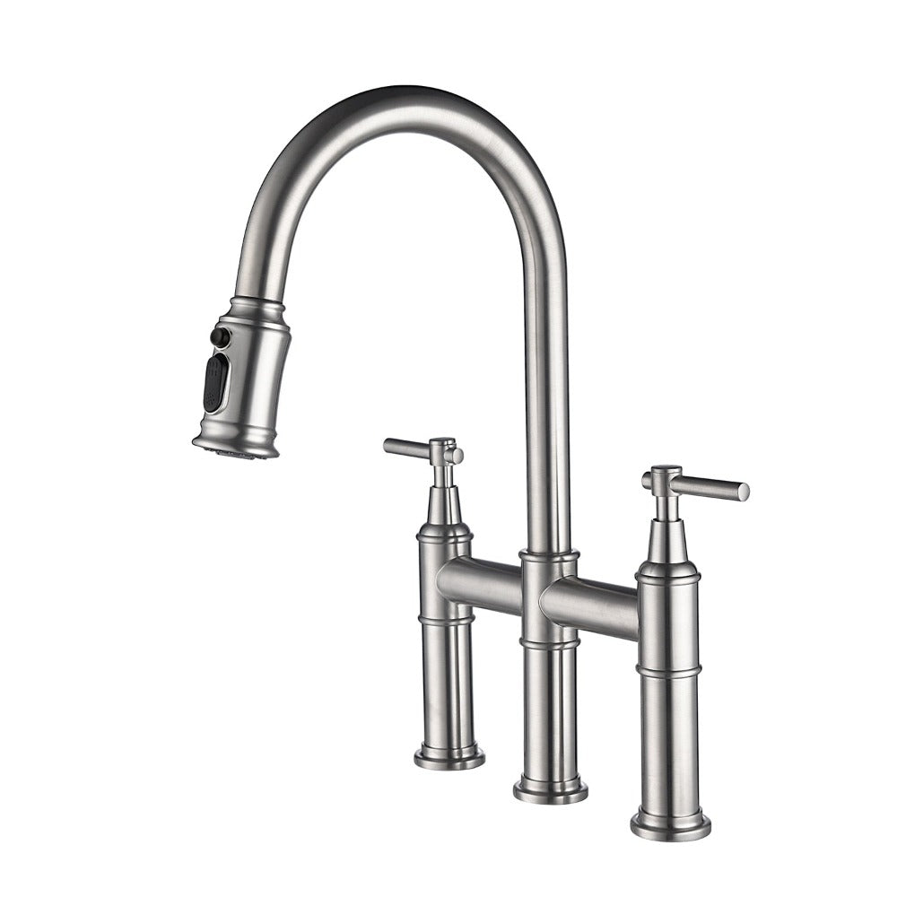 Contemporary three hole deck mounted Bridge kitchen faucet with pull down sprayer in brushed nickel