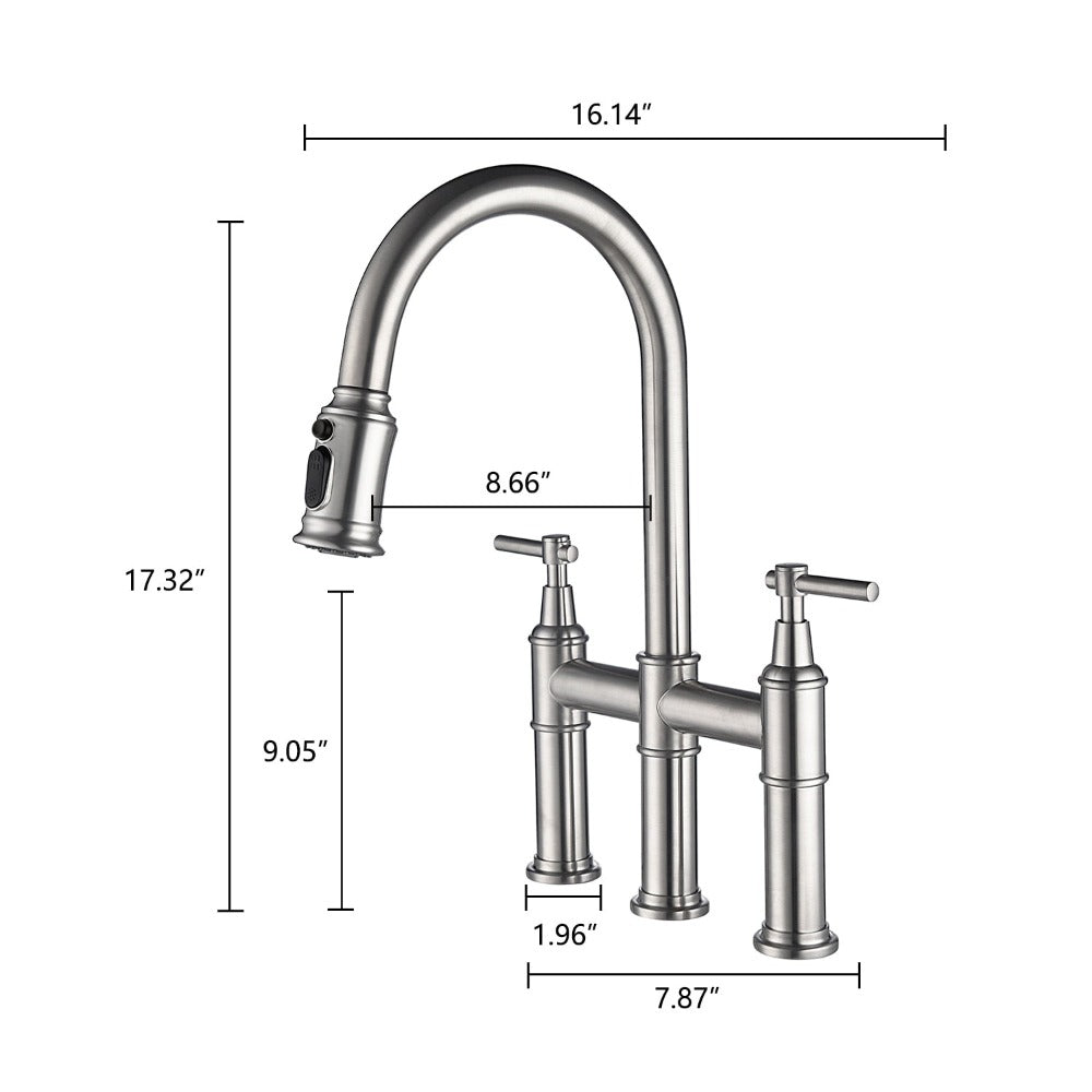 Dimensions of Contemporary Bridge kitchen faucet with pull down sprayer 