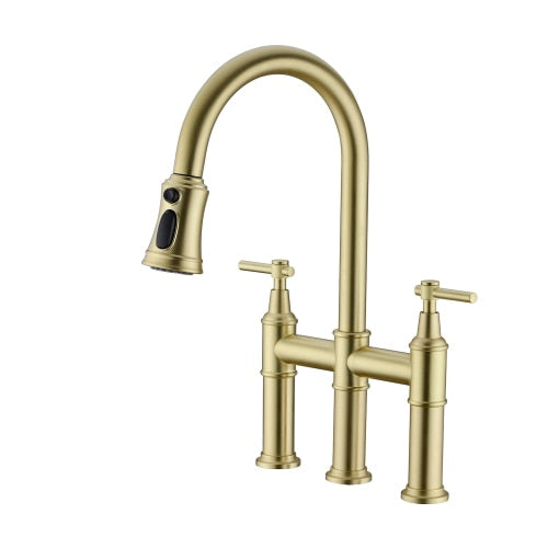 Contemporary three hole deck mounted Bridge kitchen faucet with pull down sprayer in brushed Gold