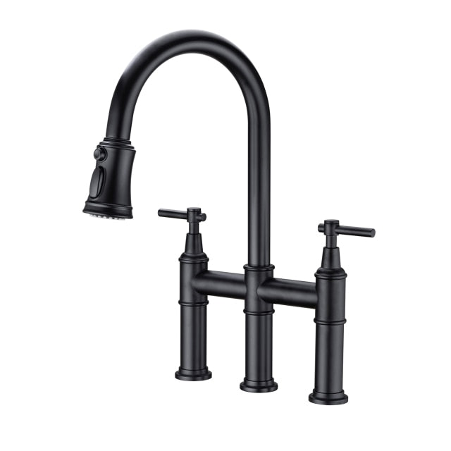 Contemporary three hole deck mounted Bridge kitchen faucet with pull down sprayer in black