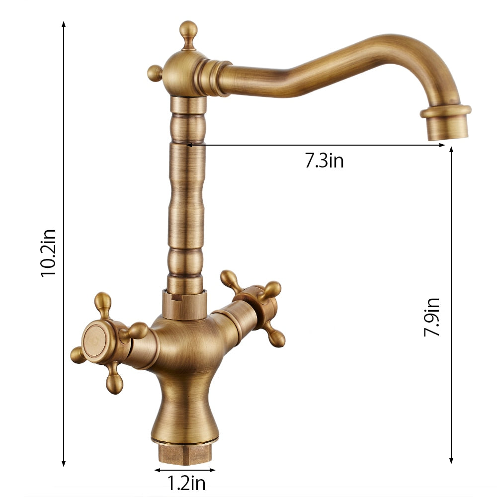 Dimensions of Antique Brass Kitchen Faucet with Cross Handles, single hole