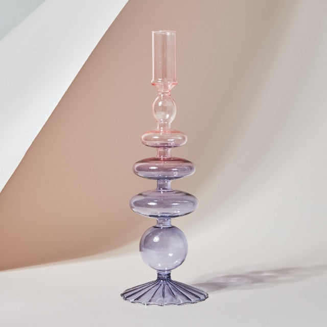 Retro Glass Candle Holder in purple and pink