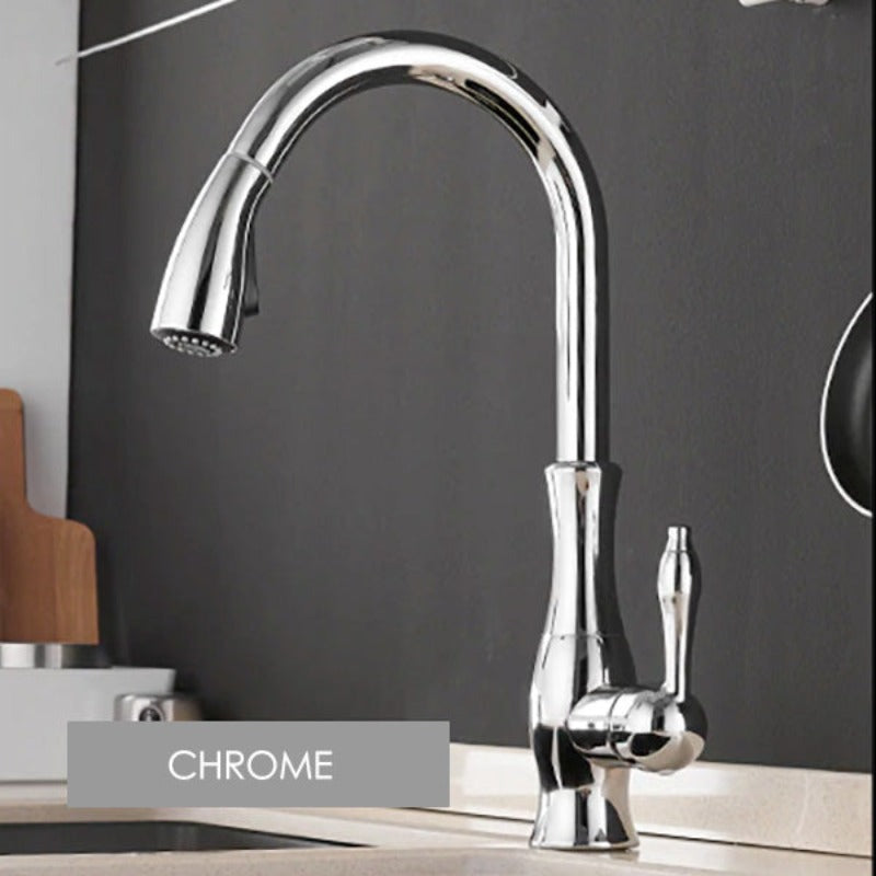 chrome single handle kitchen faucet with pull down sprayer