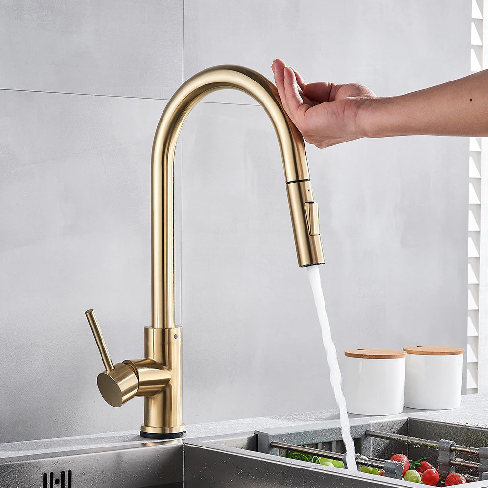 Touch Sensor Kitchen Faucet, Modern style in brushed gold with pull out sprayer