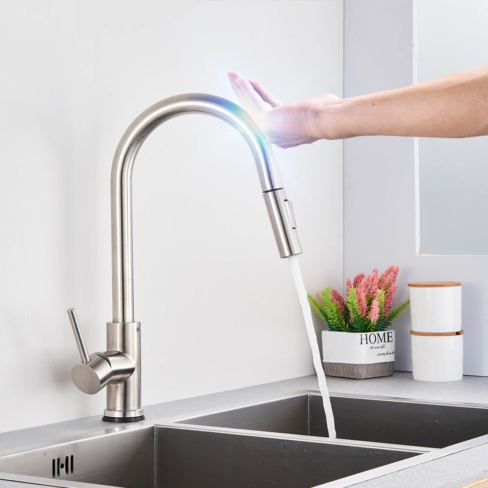 Smart Touch Sensor Kitchen Faucet, Modern style in brushed nickel with pull out sprayer