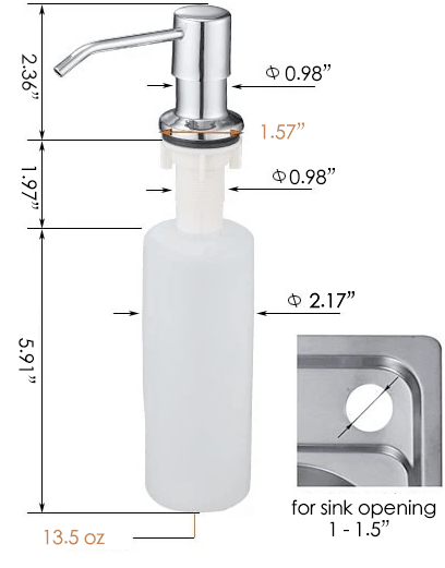 Dimensions of deck mounted kitchen liquid soap dispenser