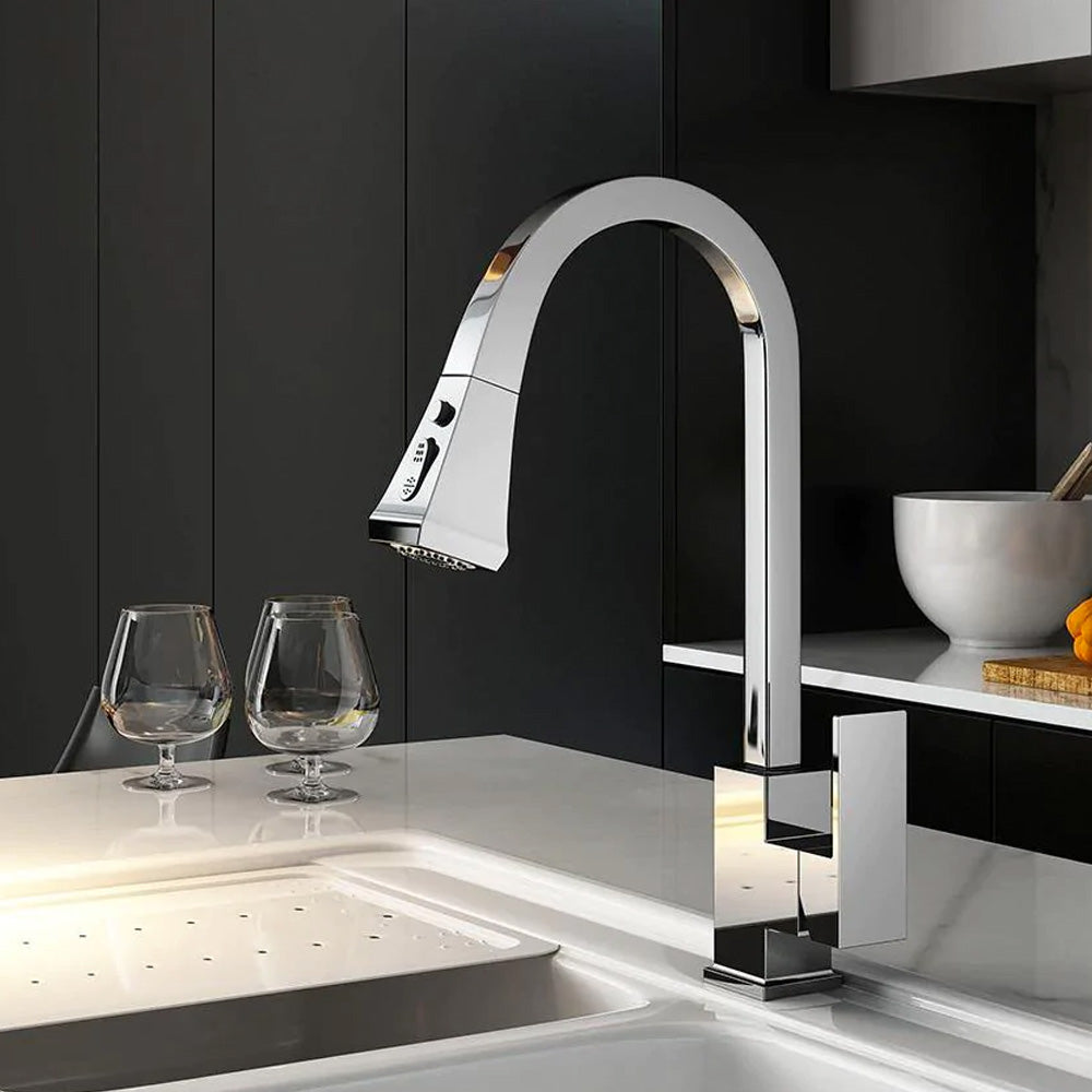 Square Kitchen Faucet with pull down sprayer shown in chrome