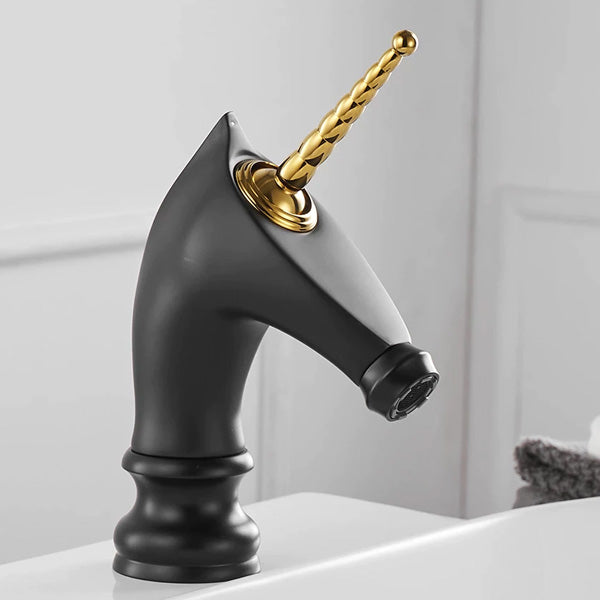 Black Unicorn Bathroom Faucet with Gold Horn Handle