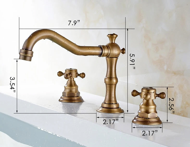 Vintage Bathroom Faucet Dimensions, 3 hole widespread faucet with  cross handles shown in antique bronze finish