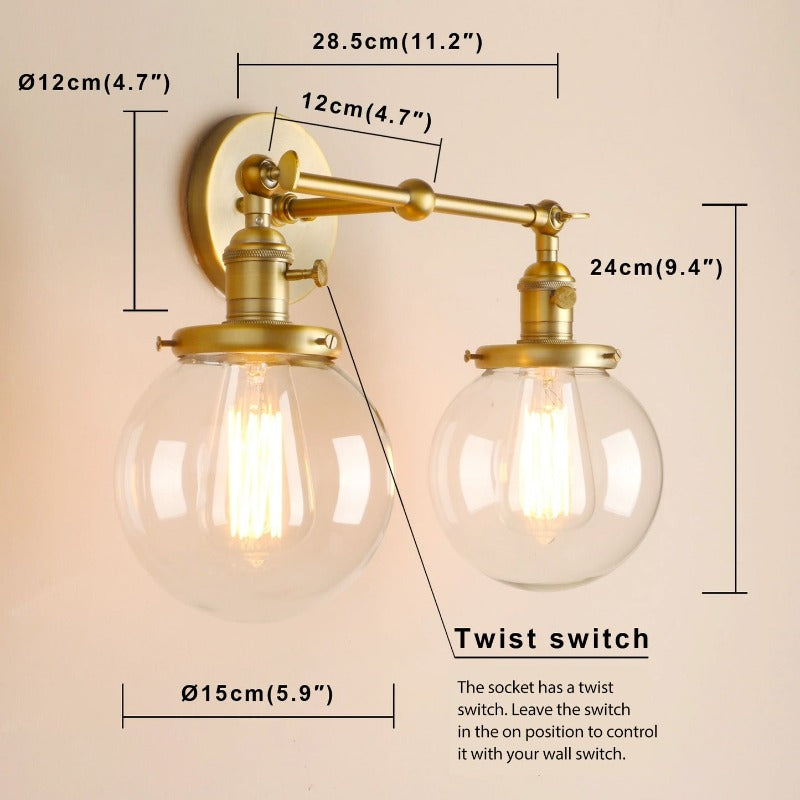 Dimensions of a vintage style double wall sconce shown in brushed gold