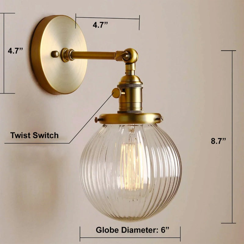Dimensions of farmhouse Wall Sconce with ribbed clear glass globe
